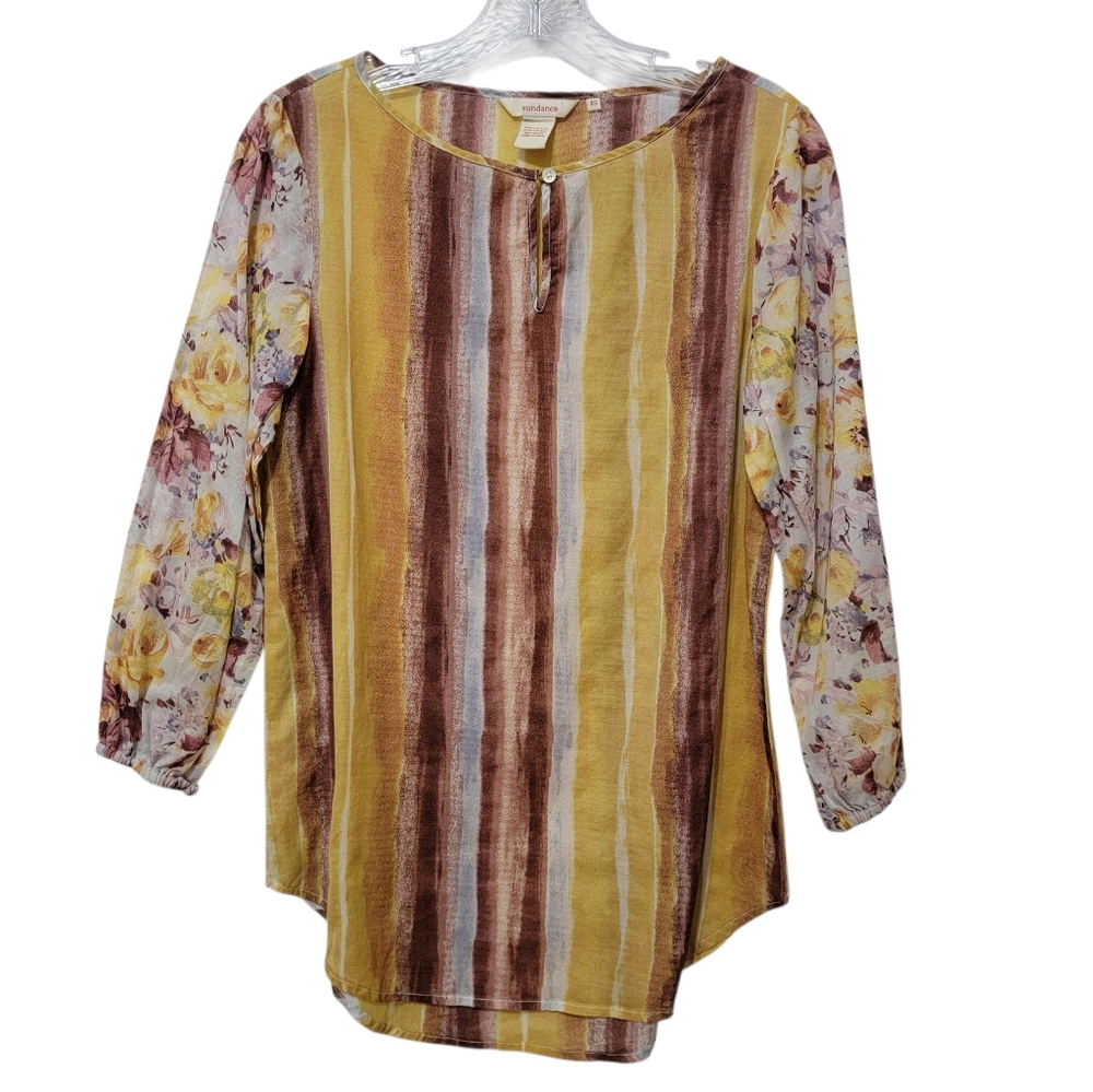 Sundance | Mixed Print Keyhole Stripe & Floral Blouse 3/4 Sleeve Cotton Blend